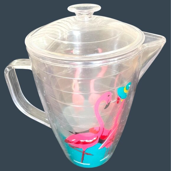Retro Pink Flamingo Pitcher 64oz Insulated Clear Plastic Lid Fun Pool Party VTG - Picture 3 of 8